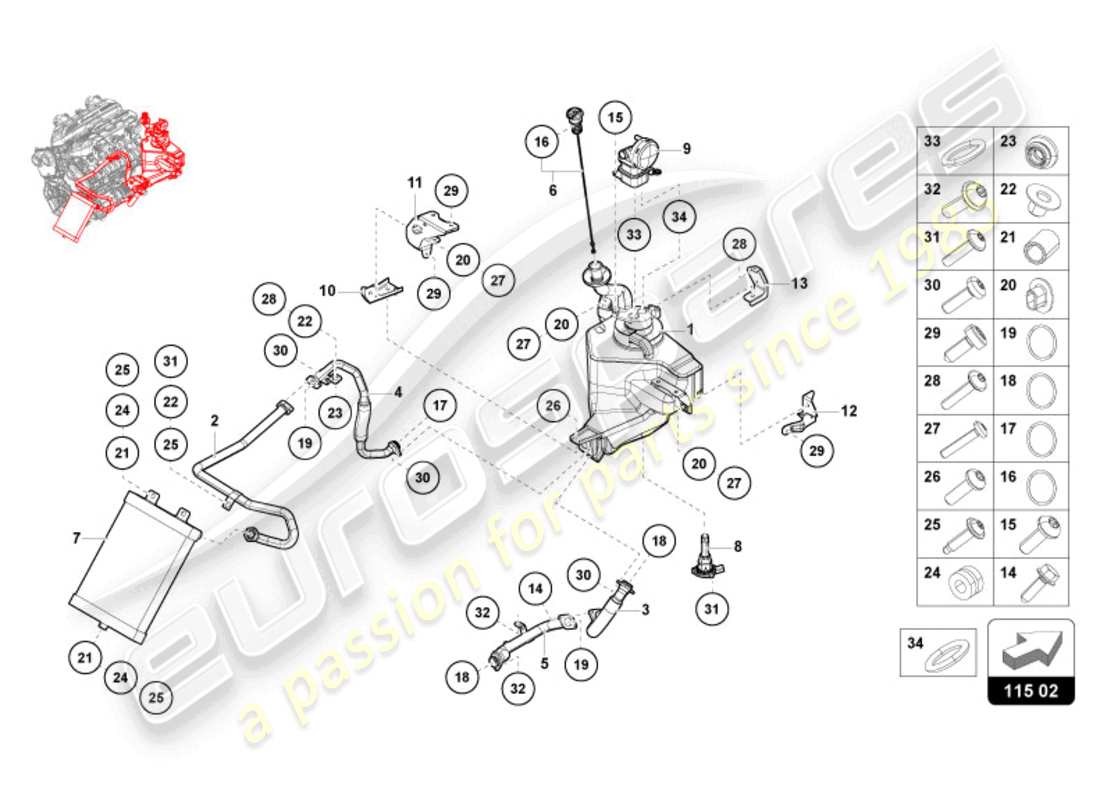 lamborghini revuelto coupe (2024) impianto idraulico e contenitore fluidi con connect. pezzi schema delle parti