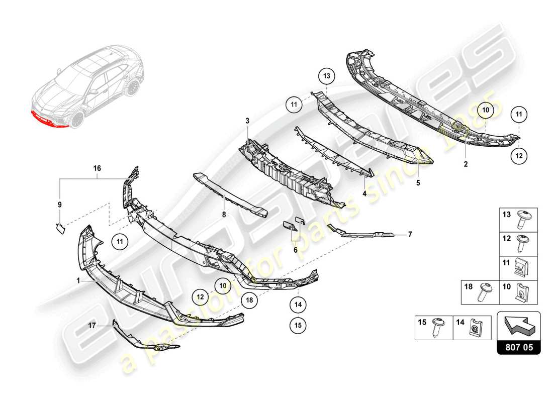 lamborghini urus (2021) paraurti completo in carbonio schema delle parti