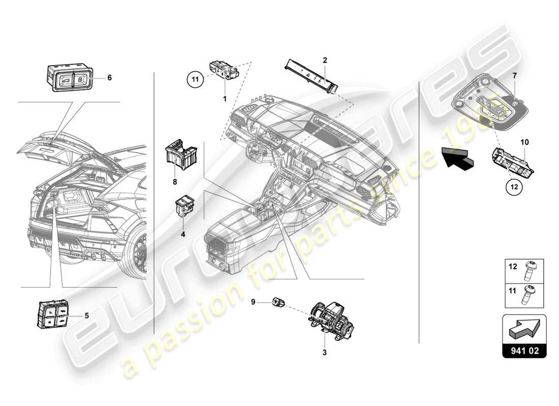 lamborghini urus (2021) pannello di comando con pulsanti diagramma delle parti