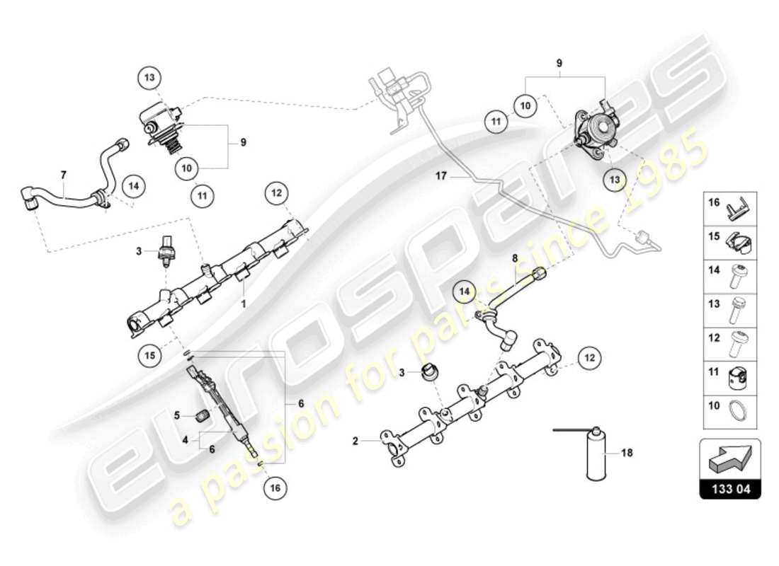 lamborghini urus (2020) iniettore carburante con rail iniettori schema delle parti