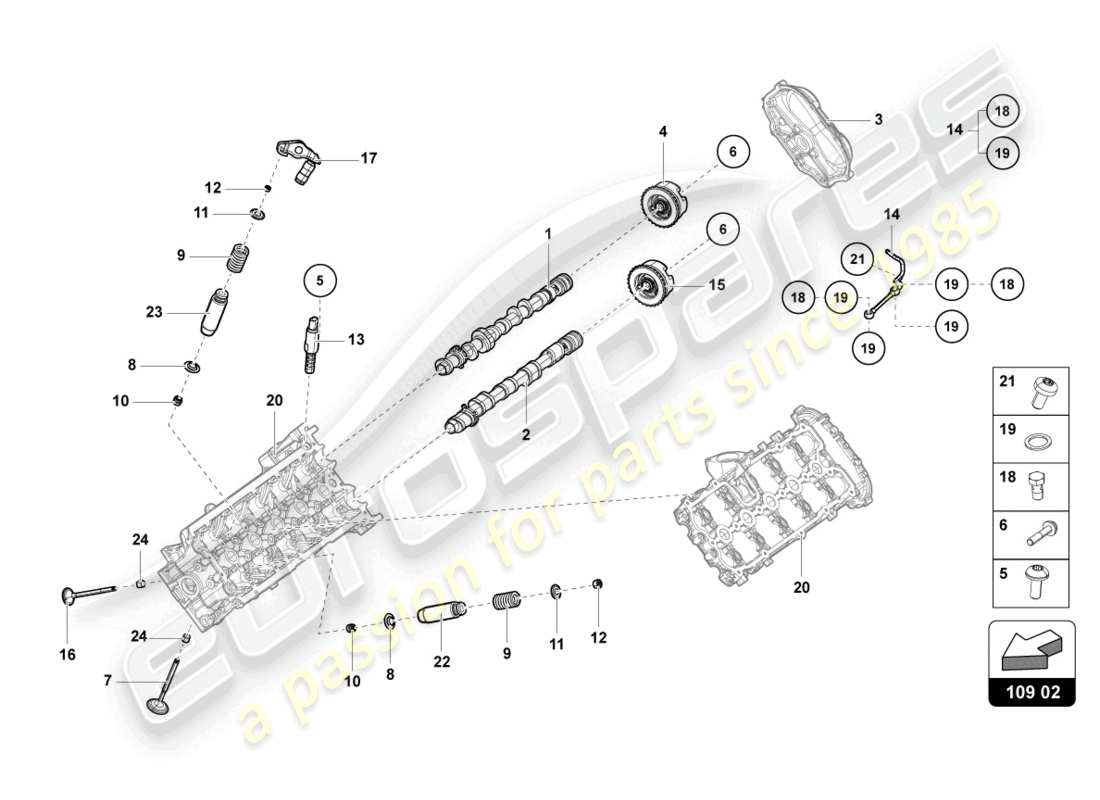 lamborghini evo coupe (2022) albero a camme, valvole diagramma delle parti