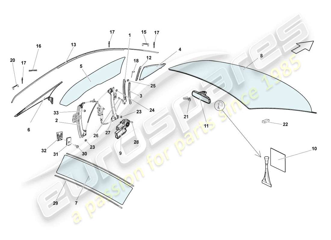 lamborghini gallardo coupe (2005) vetri da finestra diagramma delle parti