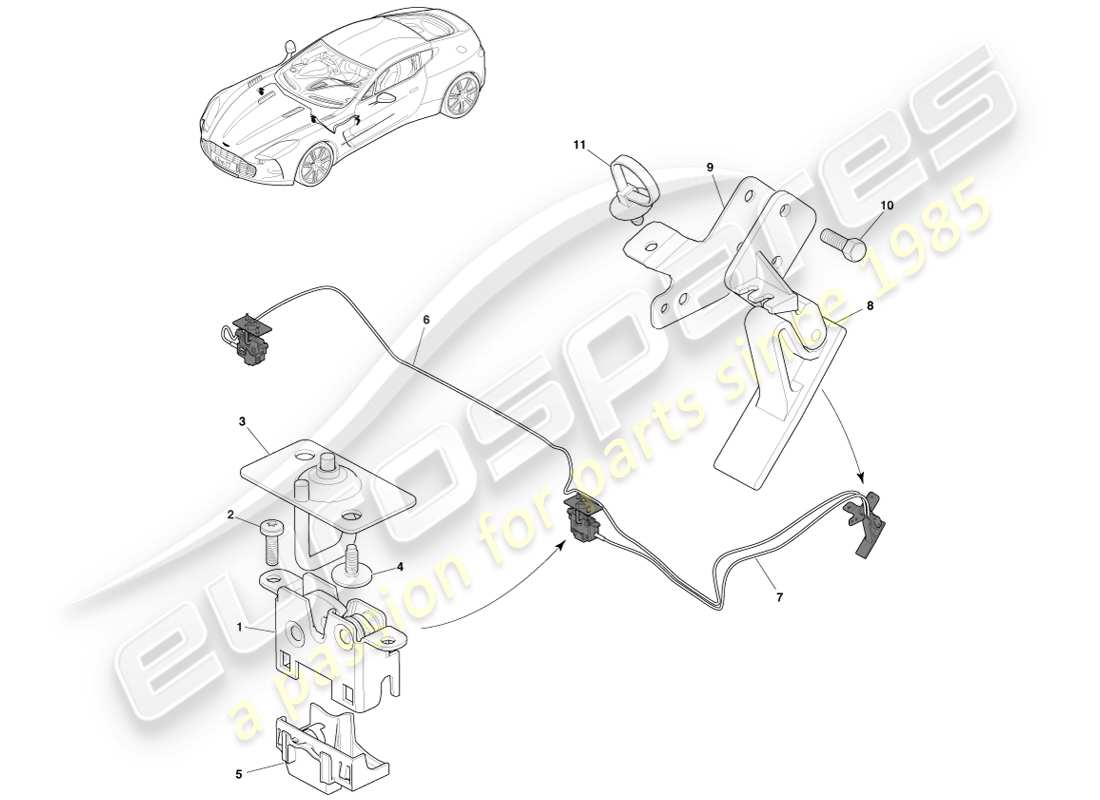 aston martin one-77 (2011) sistema di chiusura del cofano diagramma delle parti
