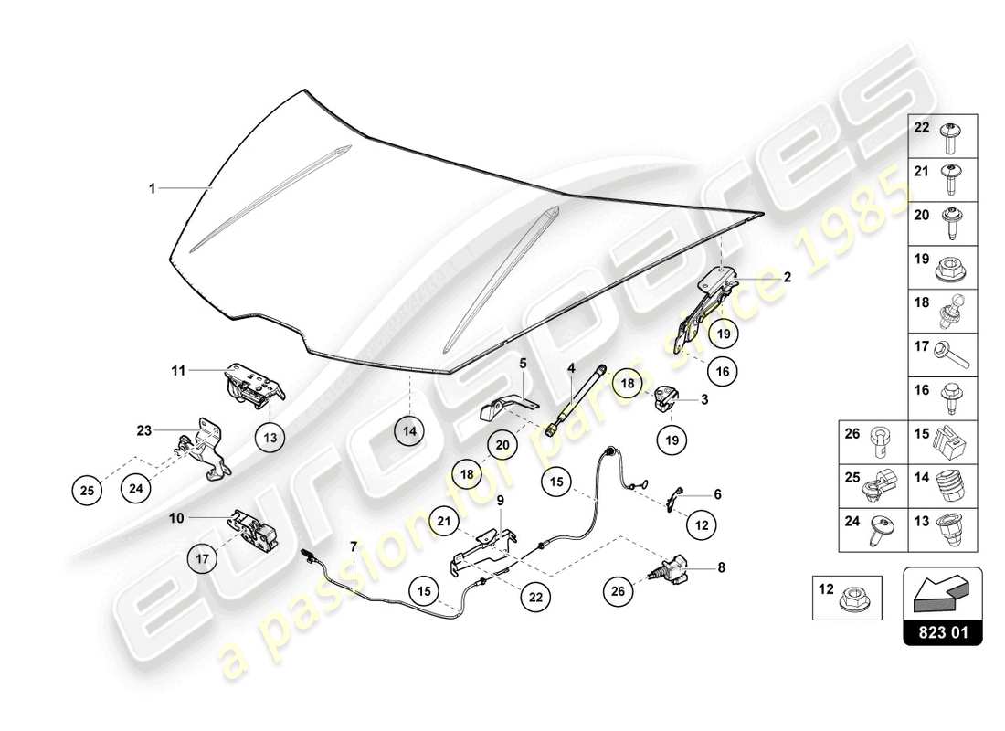 lamborghini evo spyder 2wd (2023) cofano diagramma delle parti