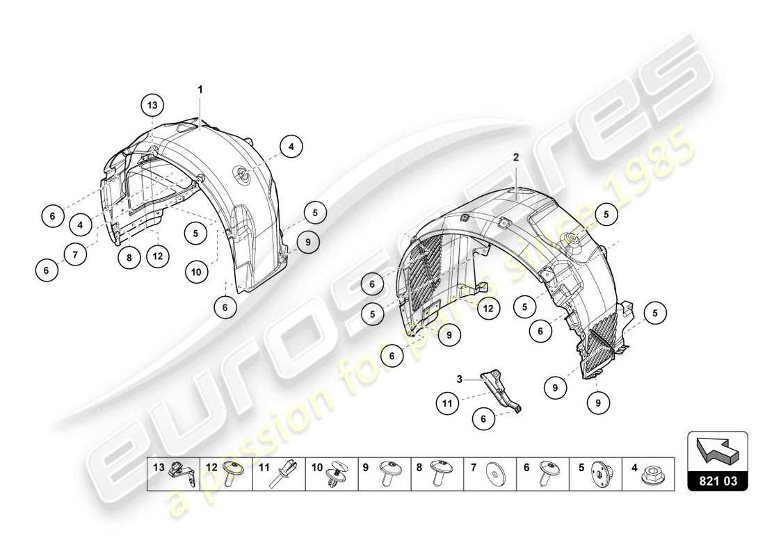 lamborghini evo spyder (2023) rivestimento passaruota diagramma delle parti