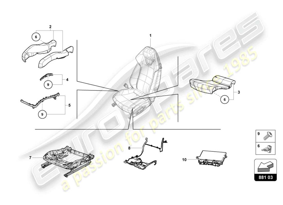 lamborghini evo coupe 2wd (2021) scatola del sedile diagramma delle parti