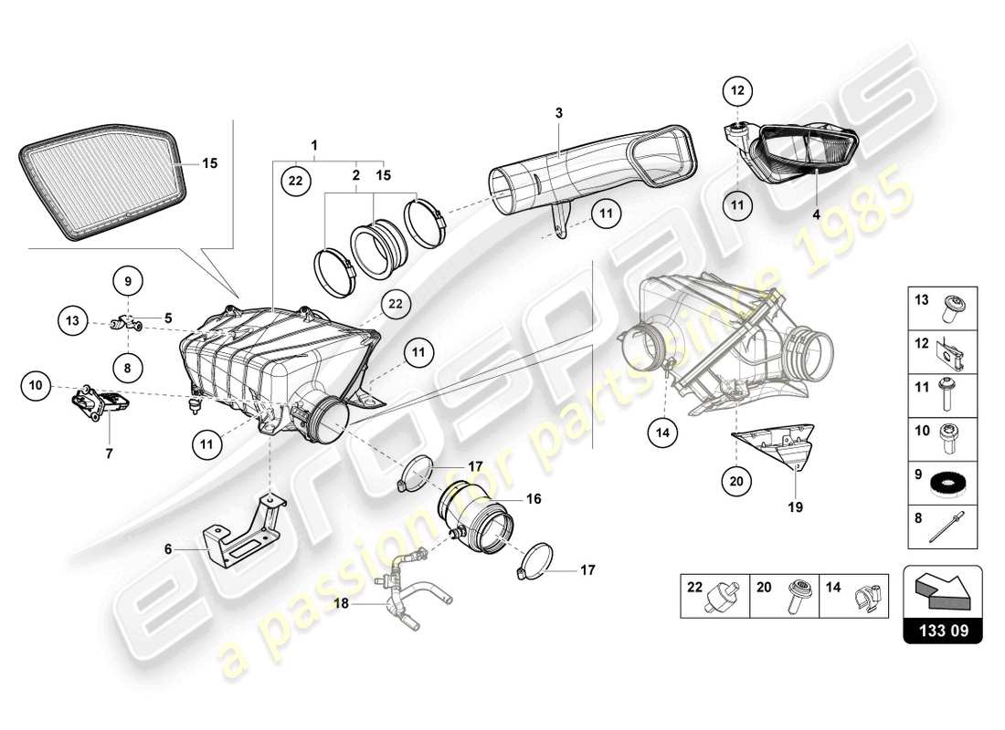 lamborghini tecnica (2023) alloggiamento del filtro dell'aria diagramma delle parti