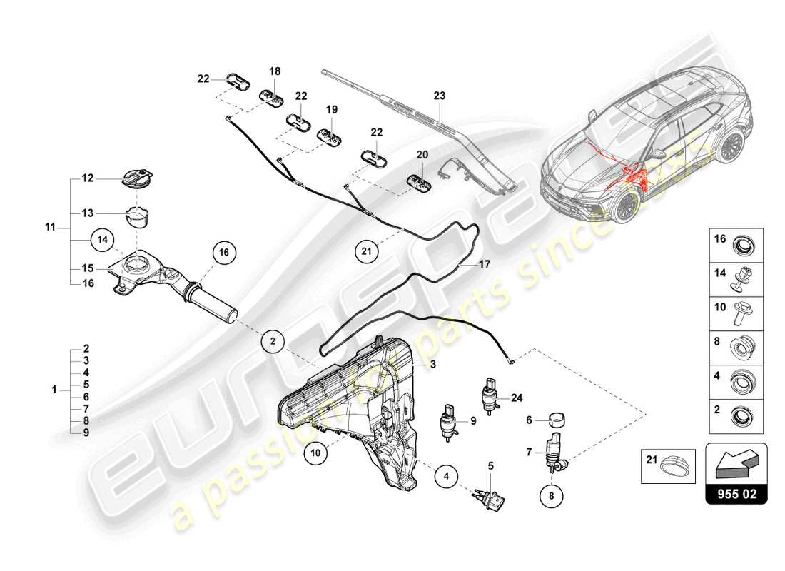 lamborghini urus s (2023) impianto rondella diagramma delle parti