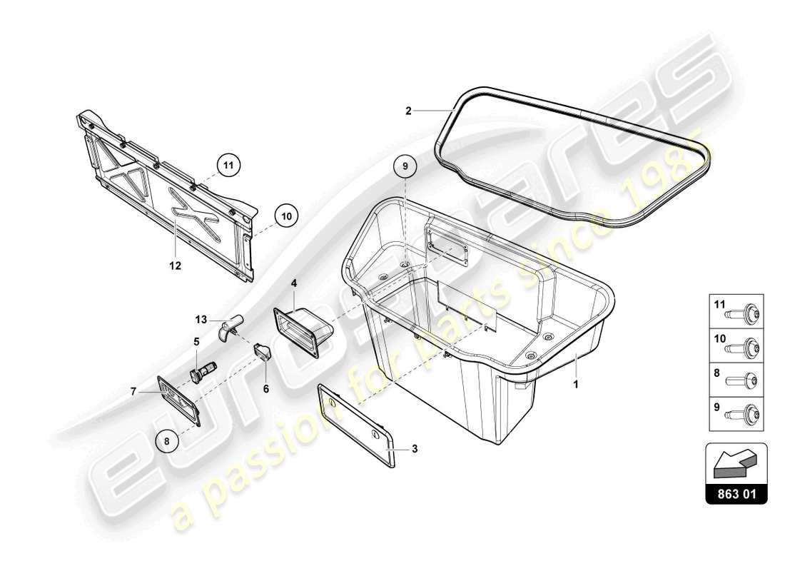 lamborghini evo spyder (2023) fodera vano bagagli diagramma delle parti