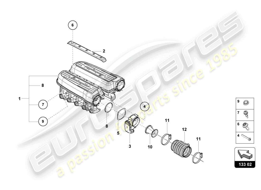 lamborghini super trofeo evo 2 (2022) schema delle parti del sistema di aspirazione dell'aria