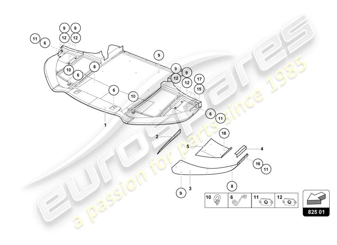 lamborghini super trofeo (2016) diagramma delle parti dei pannelli del pavimento del telaio