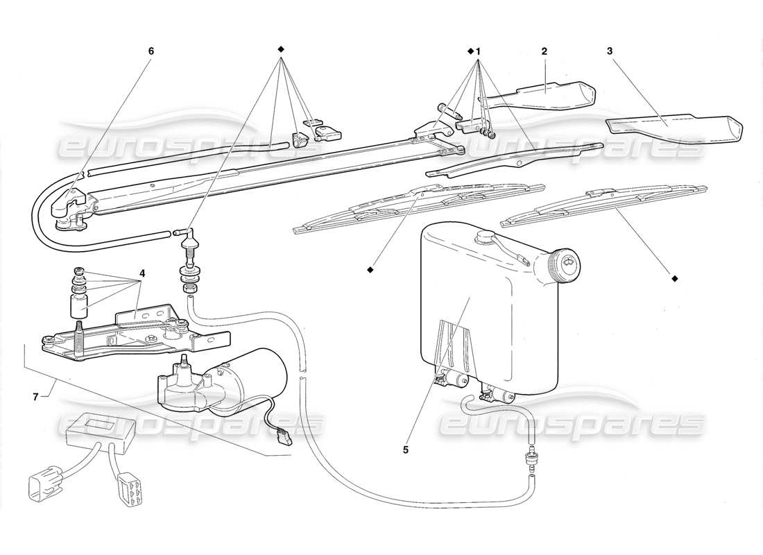 lamborghini diablo roadster (1998) diagramma delle parti del tergicristallo e del lavafari (valido per il regno unito 1998).