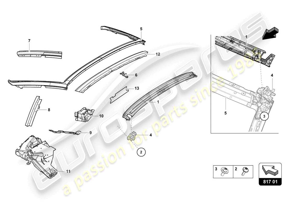 lamborghini 2021 (evo spyder) schema delle parti della finestra a battente