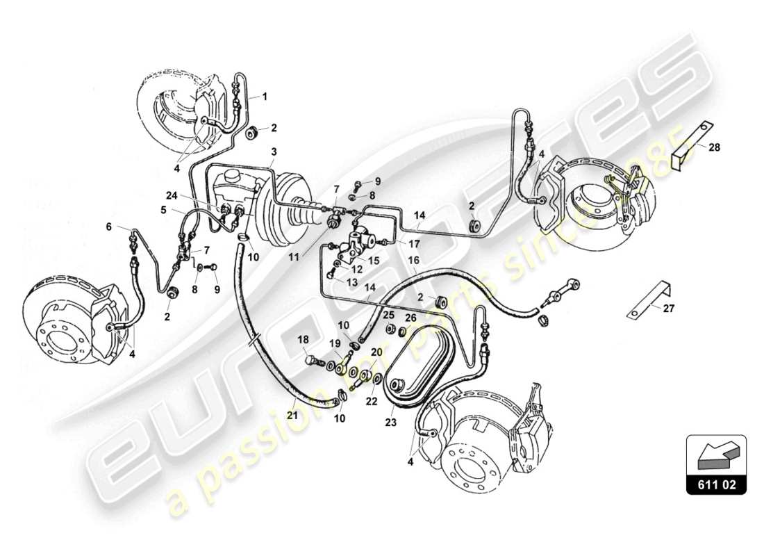lamborghini countach 25th anniversary (1989) sistema di frenaggio diagramma delle parti