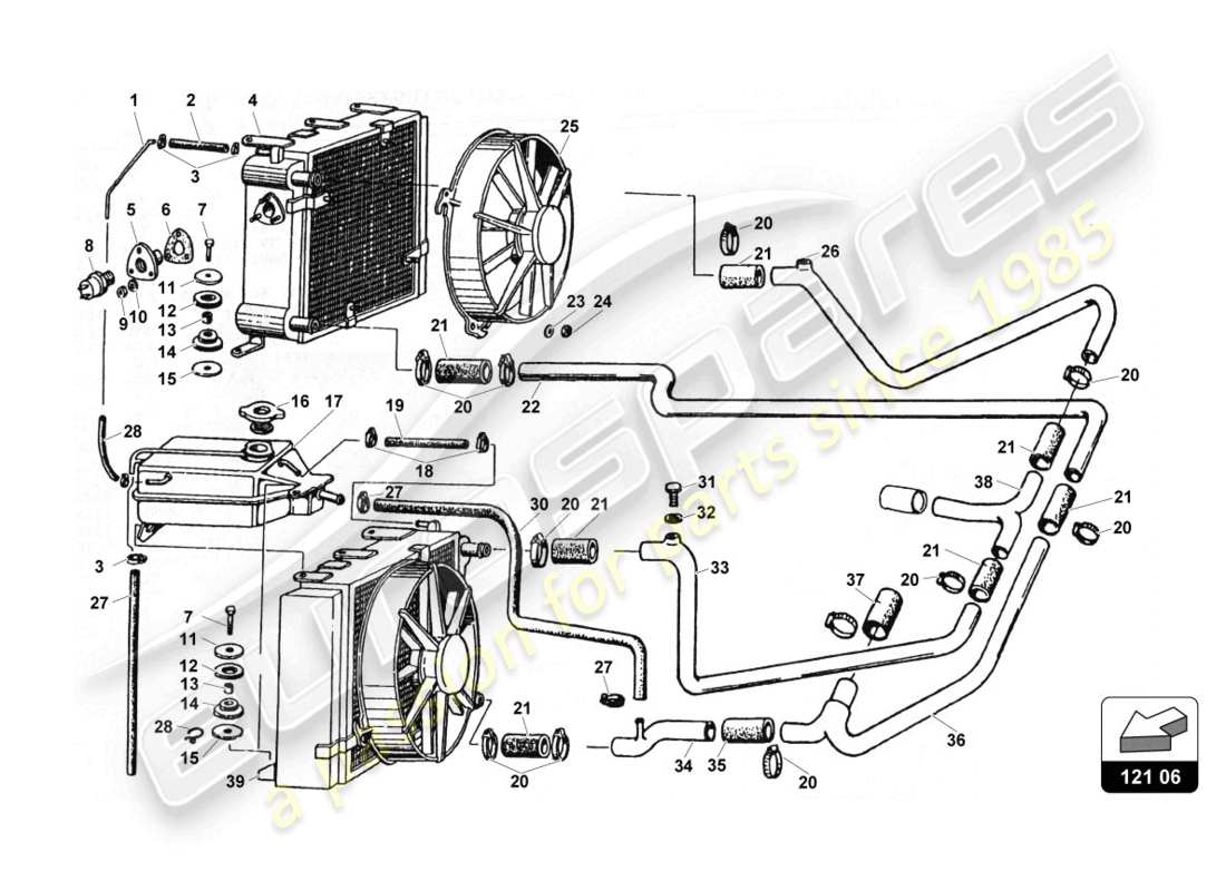 lamborghini countach 25th anniversary (1989) schema delle parti del sistema di raffreddamento