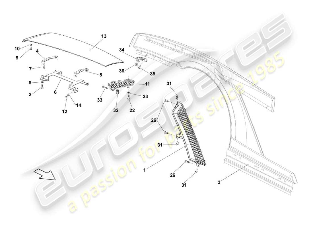 lamborghini lp560-4 coupe (2009) diagramma delle parti dell'ala posteriore