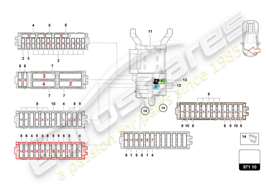 lamborghini evo spyder (2023) fusibili lato passeggero diagramma delle parti