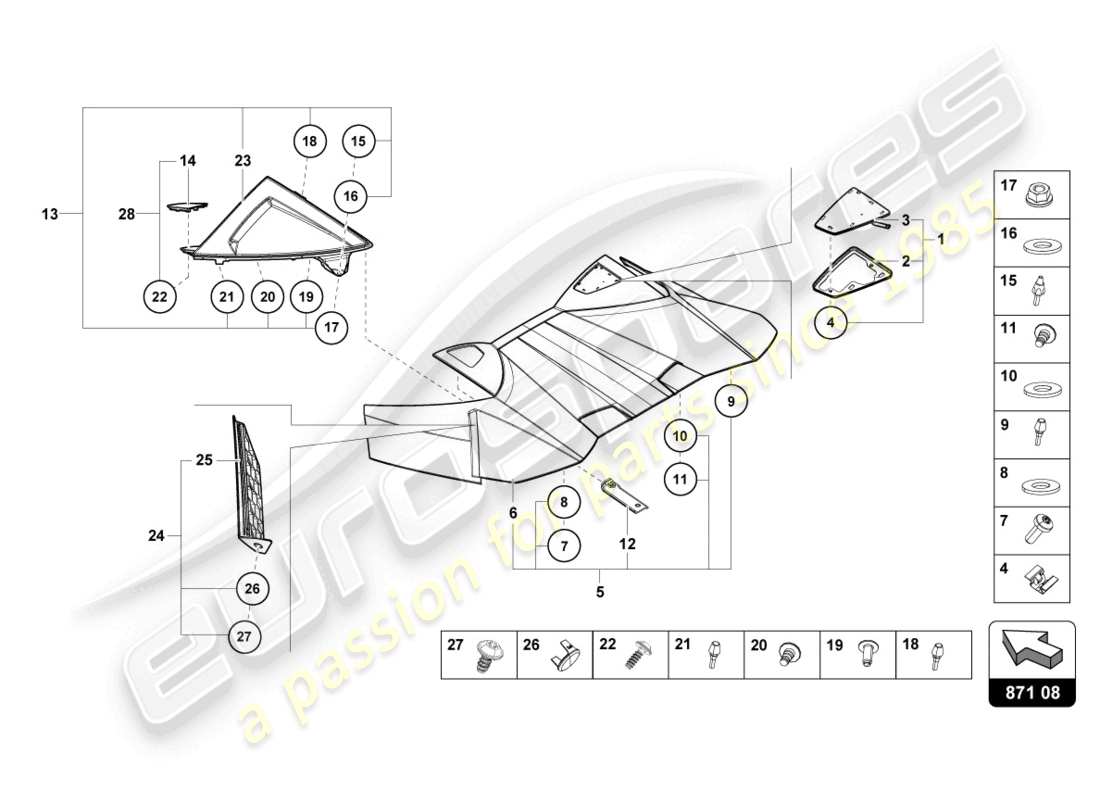 lamborghini evo spyder (2024) conv. schema delle parti superiore, coperchio cerniera