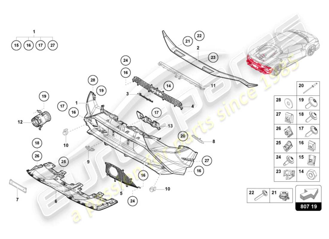 lamborghini tecnica (2023) schema delle parti paraurti posteriore