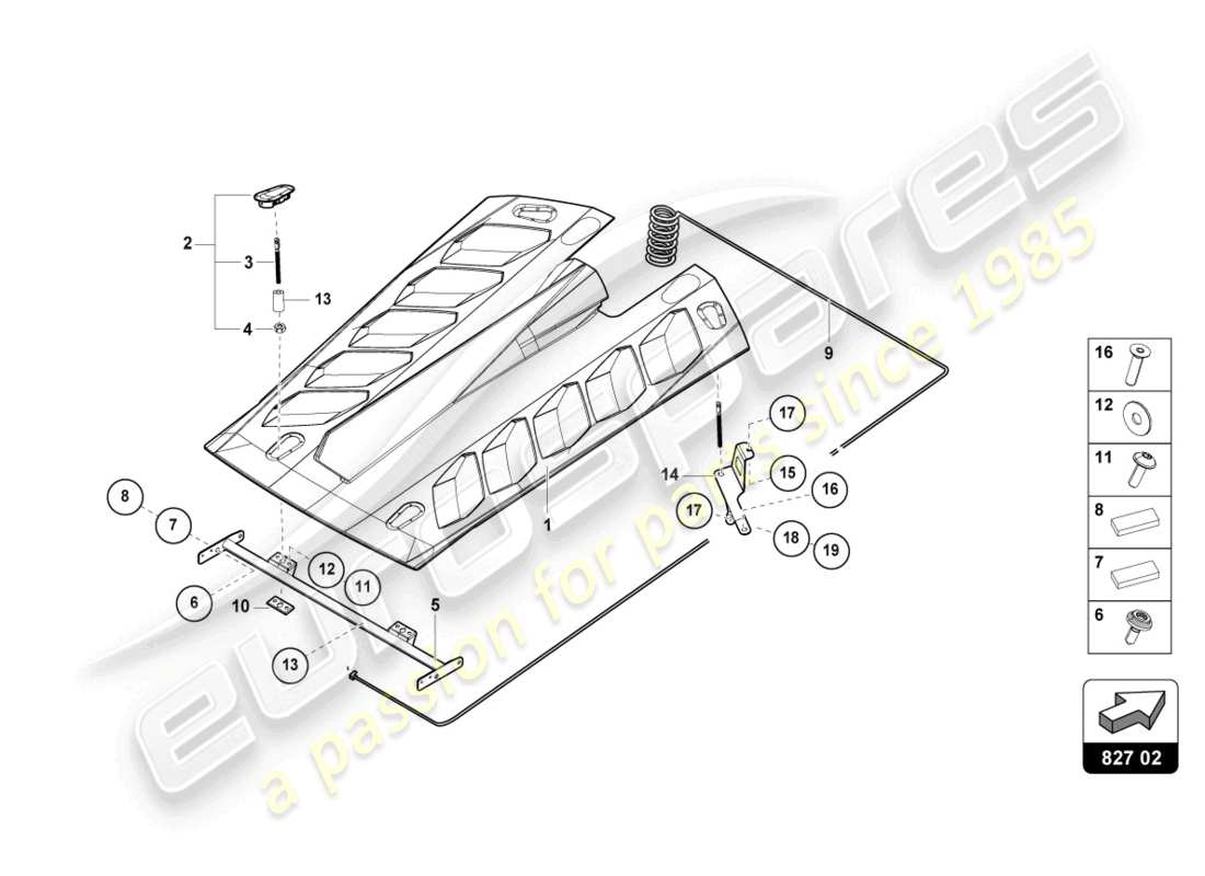 lamborghini super trofeo evo (2018) schema delle parti del cofano posteriore