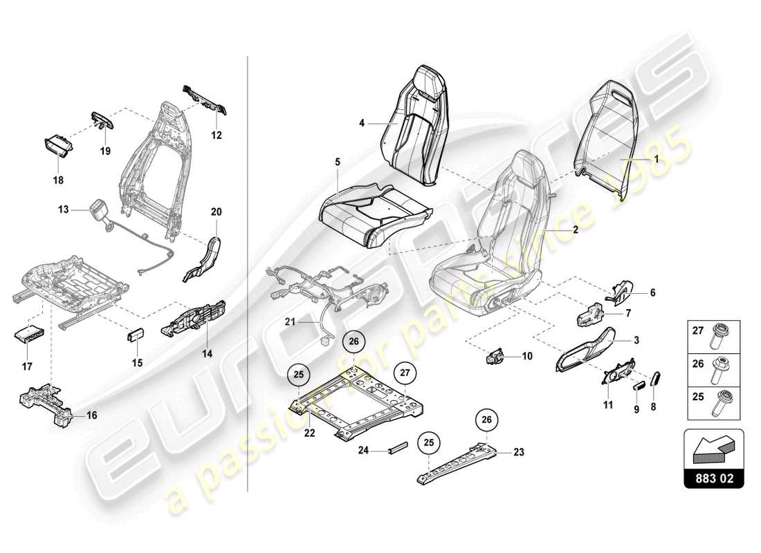 lamborghini urus s (2023) sedile posteriore diviso diagramma delle parti