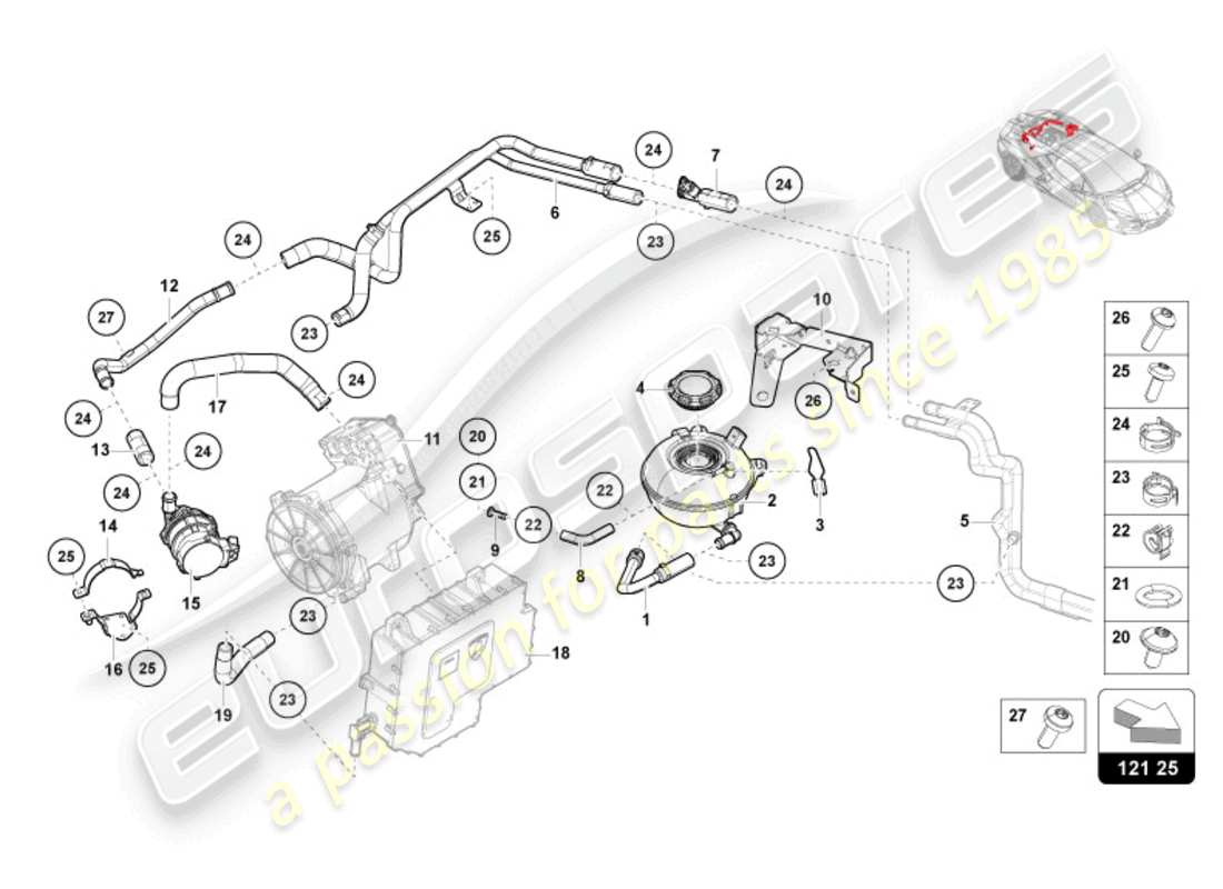 lamborghini revuelto coupe (2024) sistema di raffreddamento liquido di raffreddamento - raffreddamento ad alta tensione schema delle parti
