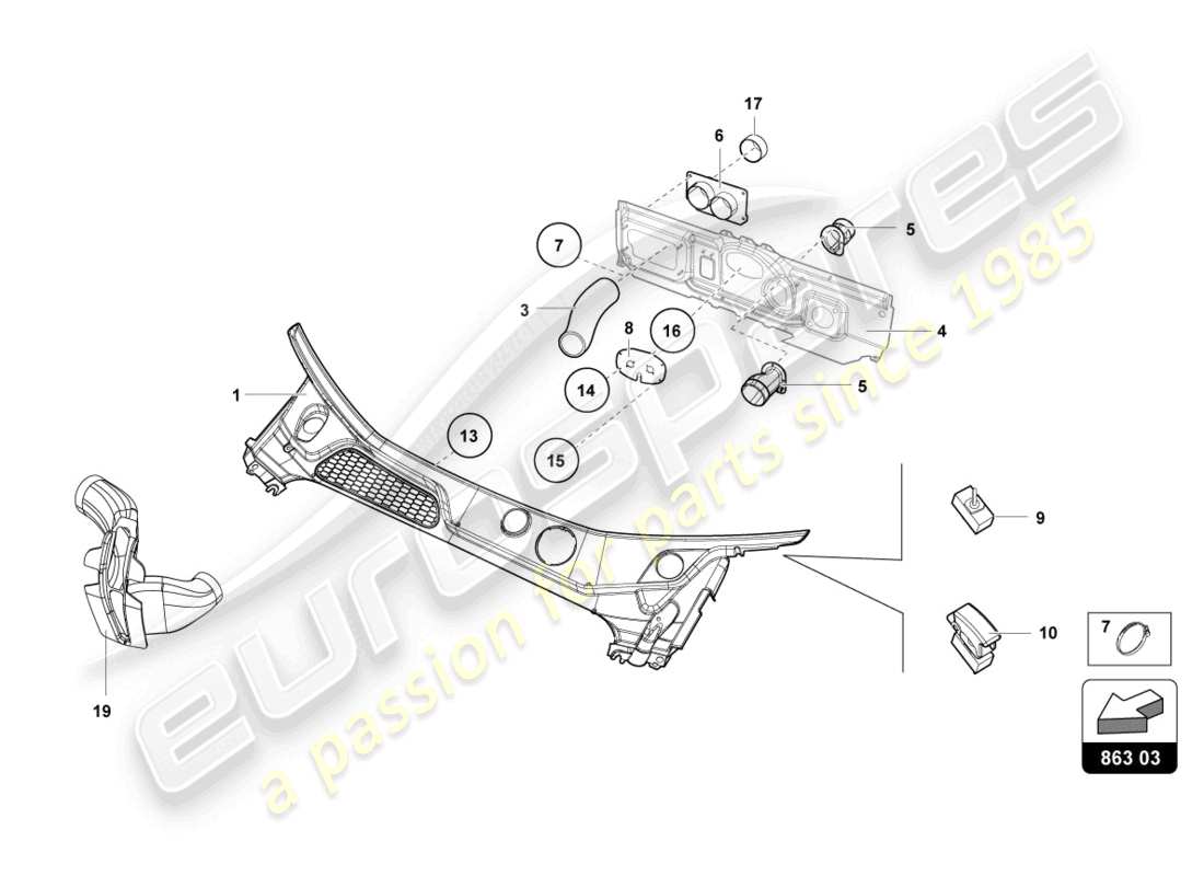 lamborghini super trofeo evo (2018) copertura del pannello plenum schema delle parti