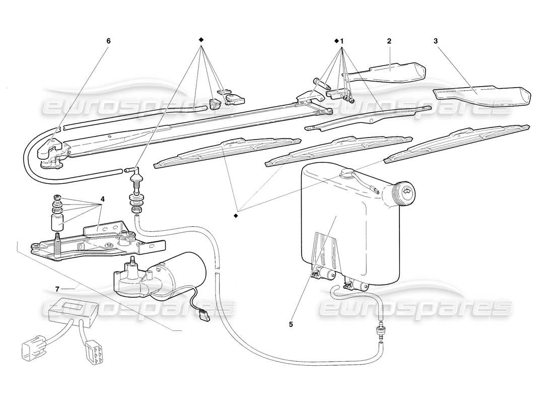 lamborghini diablo sv (1998) diagramma delle parti del tergicristallo e del lavafari (valido per la gran bretagna - novembre 1998).