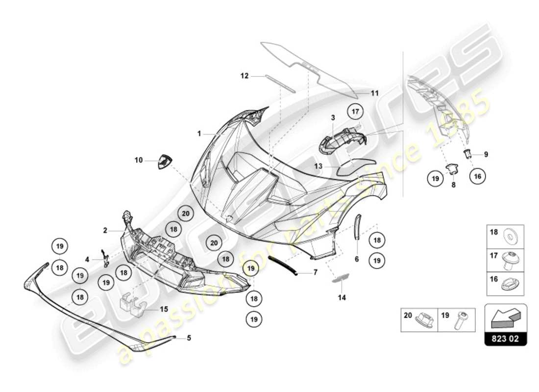 lamborghini 2023 (sto) diagramma della parte anteriore del cofano