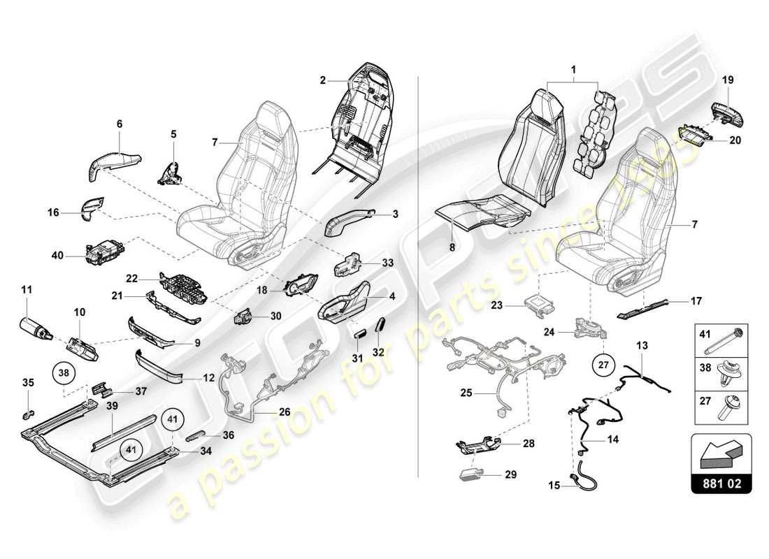 lamborghini urus s (2023) sedile, anteriore diviso diagramma delle parti