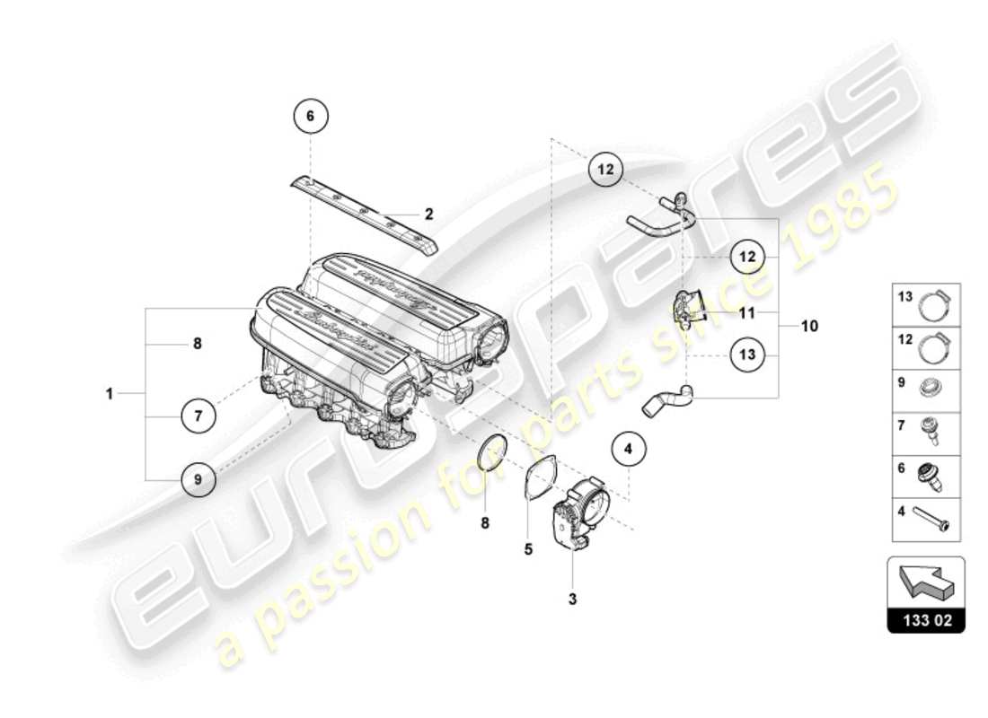 lamborghini tecnica (2024) collettore di aspirazione schema delle parti