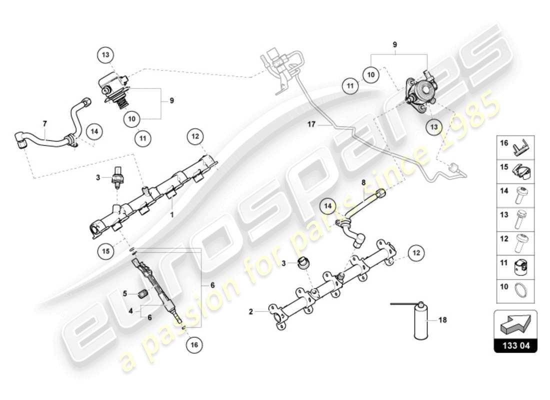 lamborghini urus (2021) iniettore carburante con rail iniettori diagramma delle parti