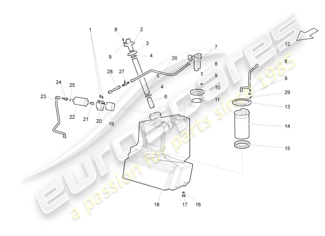 lamborghini superleggera (2008) serbatoio carburante con attacchi destri diagramma delle parti