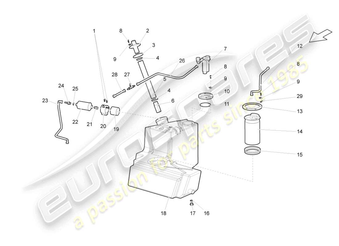 lamborghini superleggera (2008) serbatoio carburante con attacchi destro schema delle parti