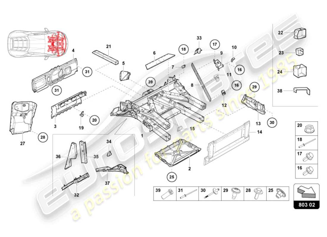 lamborghini 2024 (evo spyder) schema delle parti del telaio anteriore