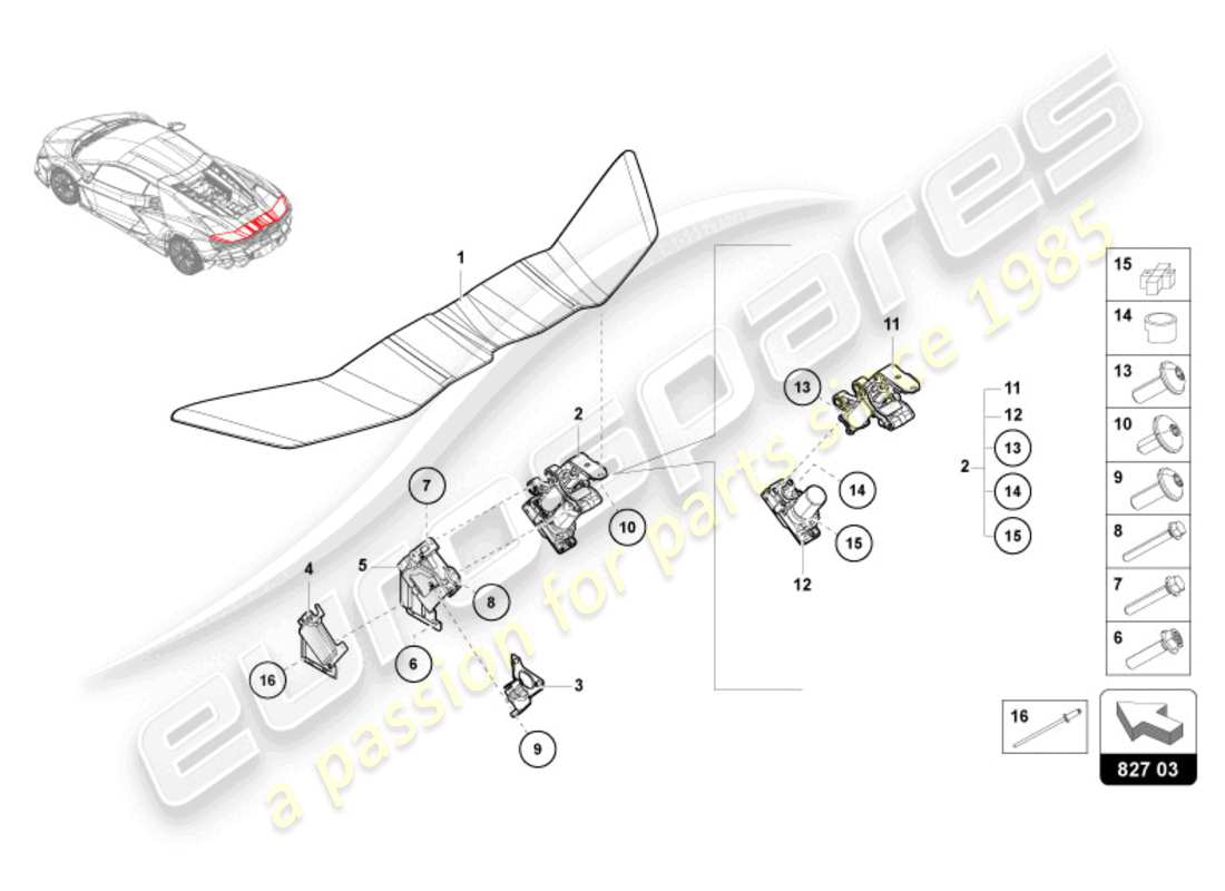 lamborghini revuelto coupe (2024) spoiler posteriore diagramma delle parti