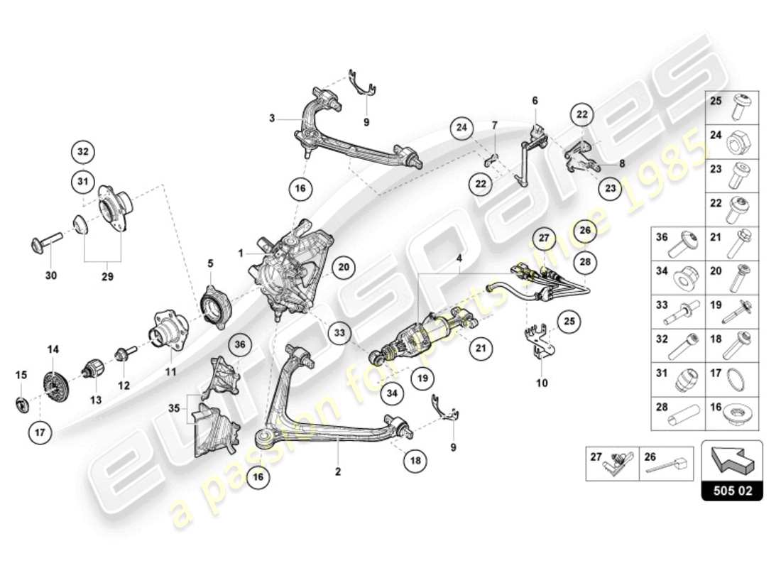 lamborghini evo spyder (2024) guida posteriore diagramma delle parti