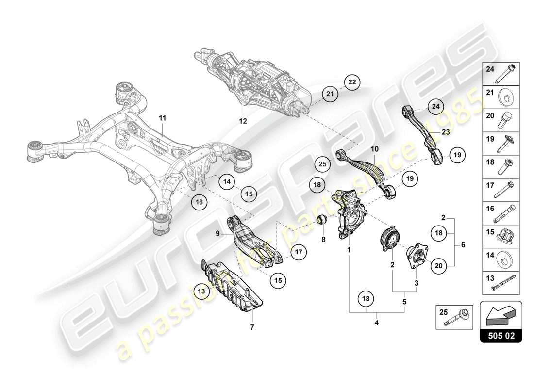 lamborghini urus s (2024) mozzo ruota con cuscinetto e braccio di controllo diagramma delle parti