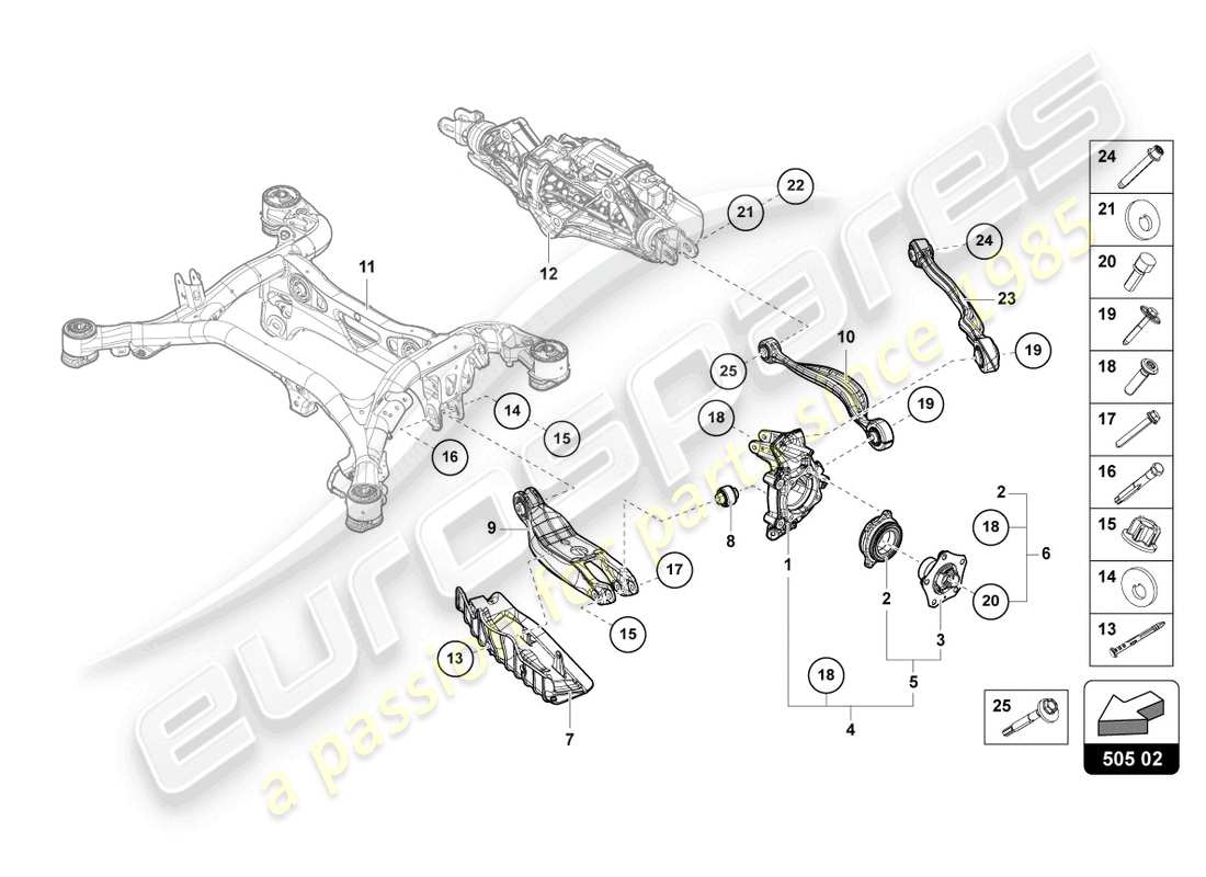 lamborghini urus performante (2023) mozzo ruota con cuscinetto e braccio di controllo schema delle parti
