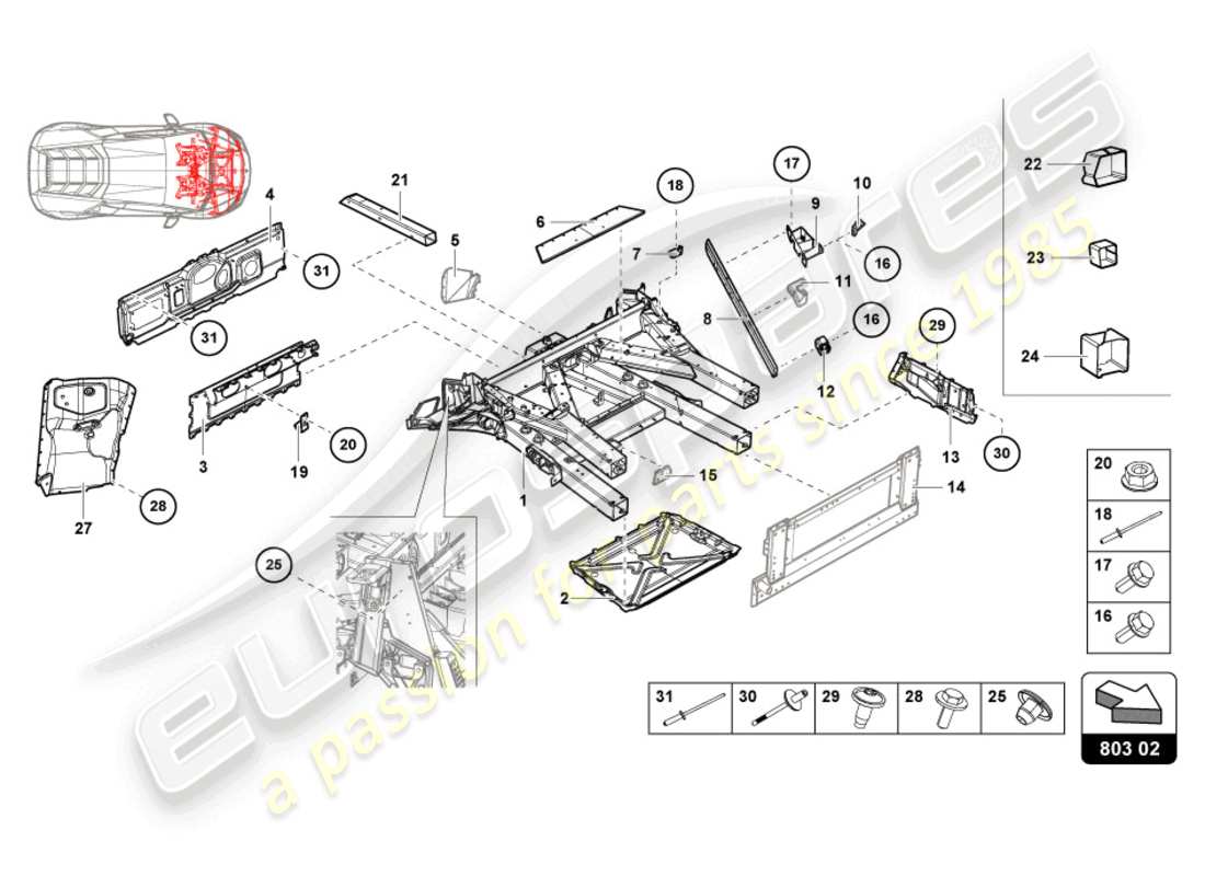 lamborghini evo spyder (2021) schema delle parti del telaio anteriore