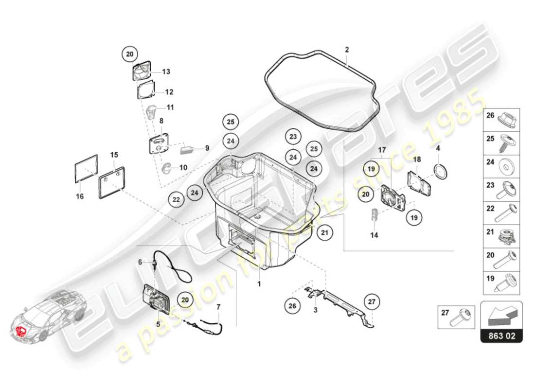 lamborghini revuelto coupe (2024) rivestimento vano bagagli schema delle parti con guida a sinistra