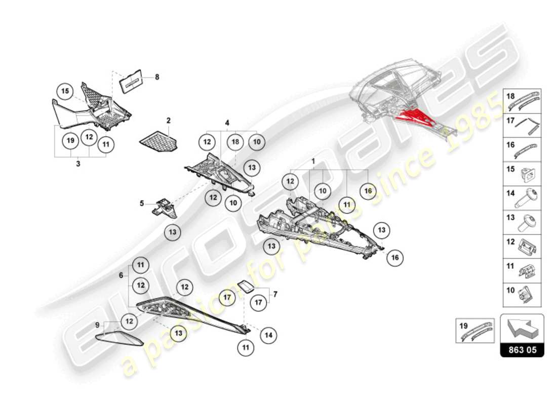 lamborghini revuelto coupe (2024) console centrale diagramma delle parti