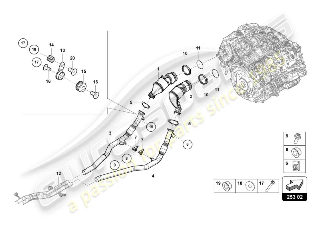 lamborghini urus (2020) diagramma delle parti del convertitore catalitico