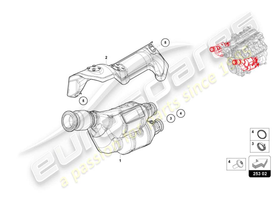 lamborghini revuelto coupe (2024) tubo di scarico con catalizzatore diagramma delle parti