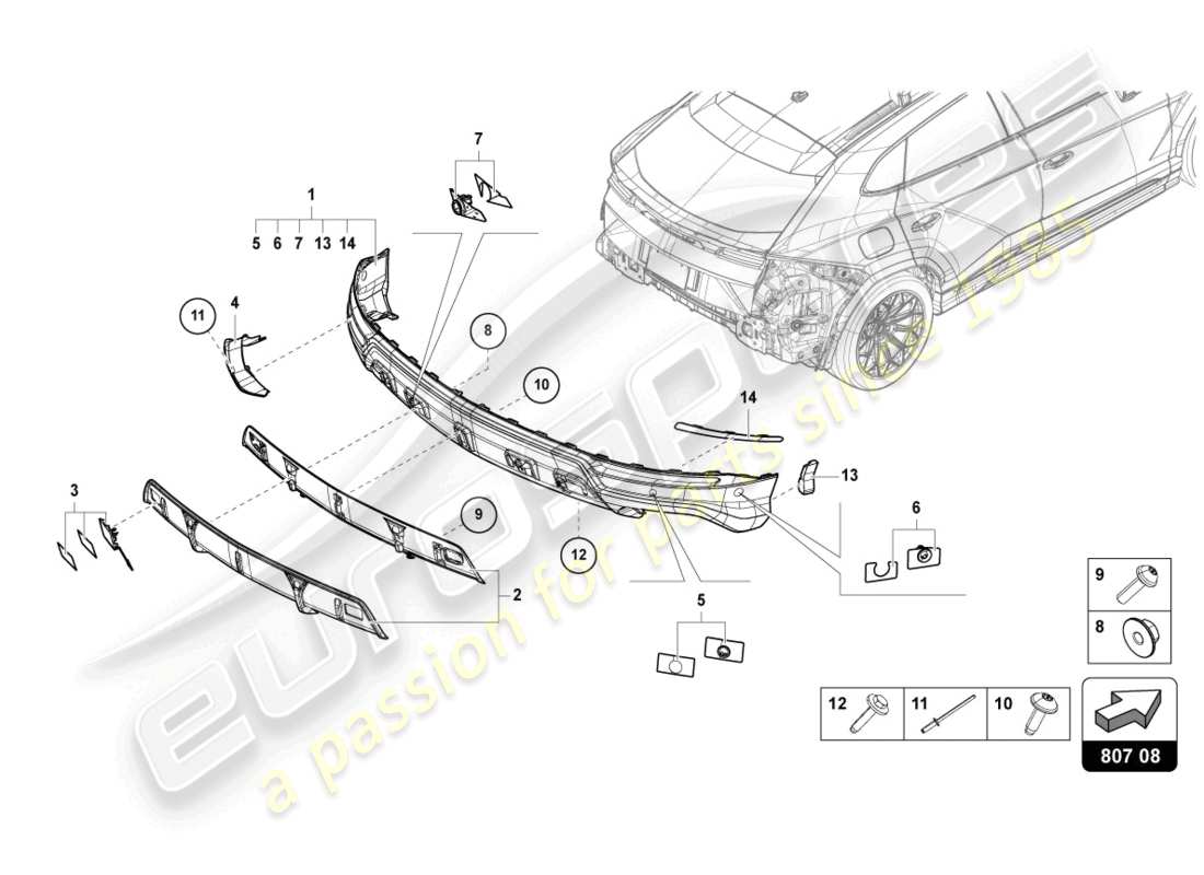 lamborghini urus (2020) paraurti posteriore completo in carbonio diagramma delle parti