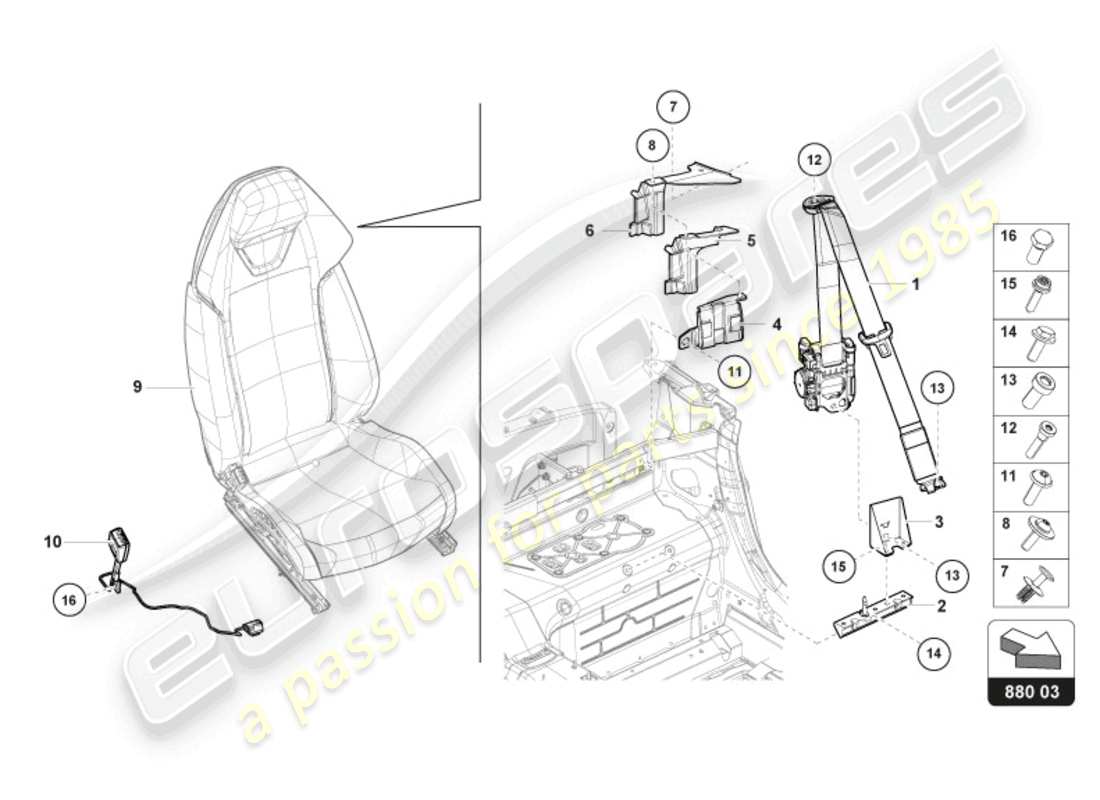 lamborghini evo spyder (2024) cinture di sicurezza diagramma delle parti