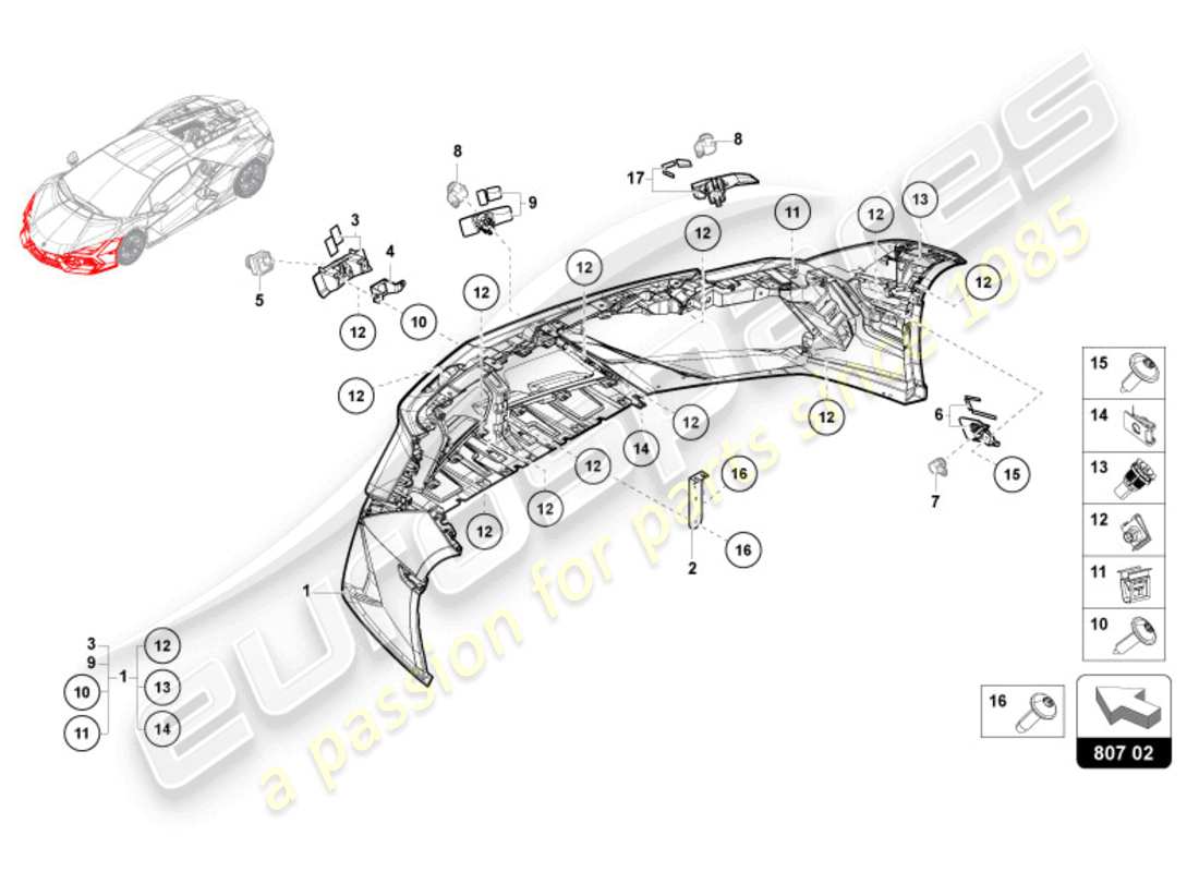 lamborghini revuelto coupe (2024) paraurti anteriore diagramma delle parti