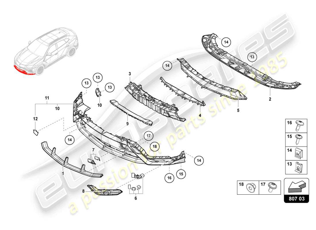 lamborghini urus (2020) paraurti, completo standard schema delle parti