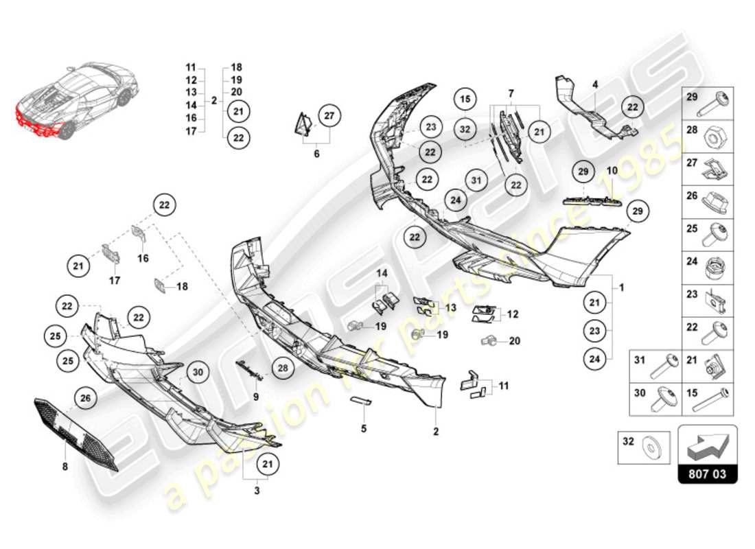lamborghini revuelto coupe (2024) paraurti posteriore diagramma delle parti