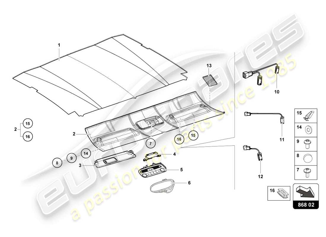lamborghini tecnica (2024) rivestimento del tetto diagramma delle parti